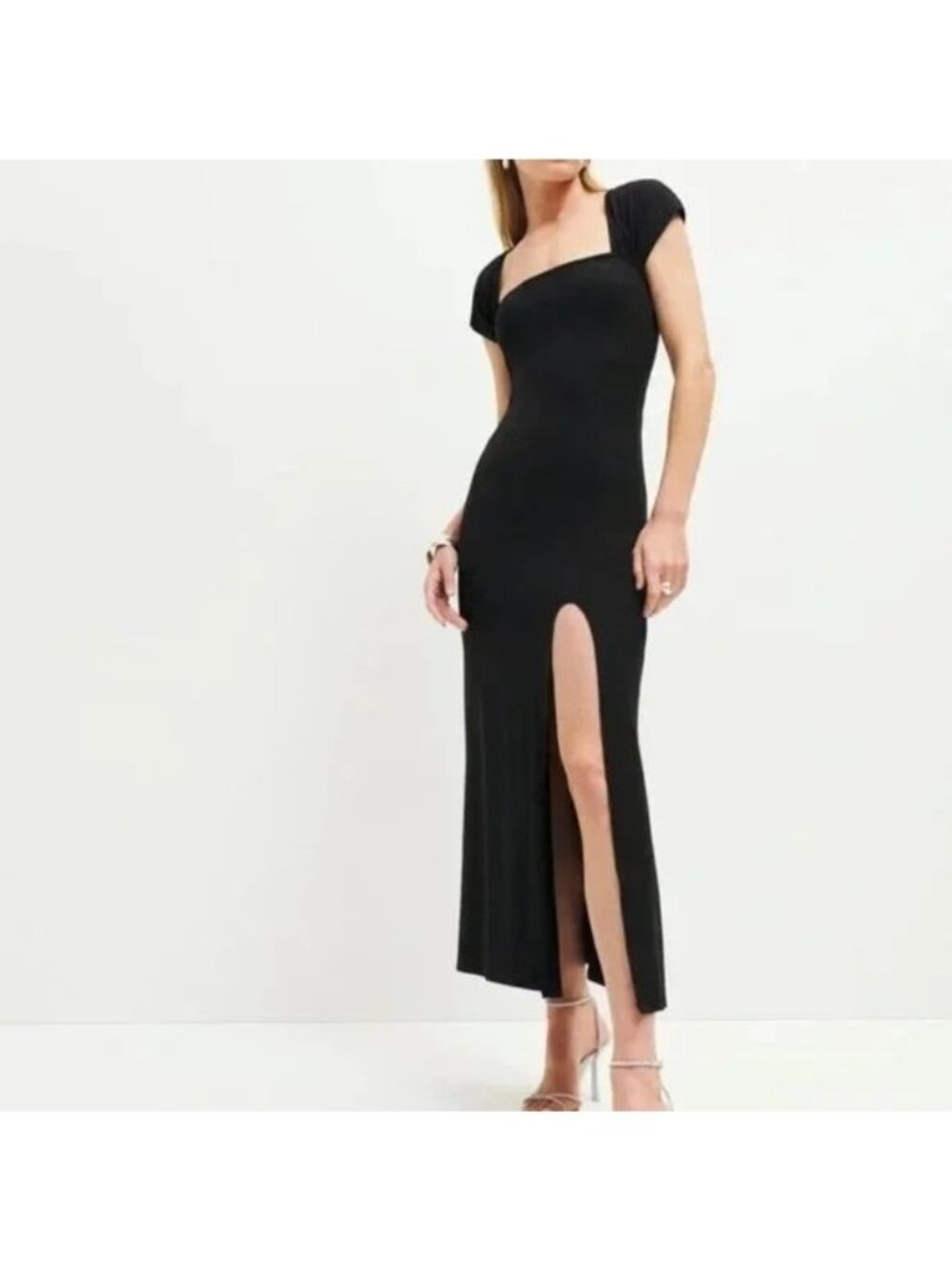 Reformation Harlyn Black Jersey Midi Dress Square Neck Slit LBD Sexy Comfy Party